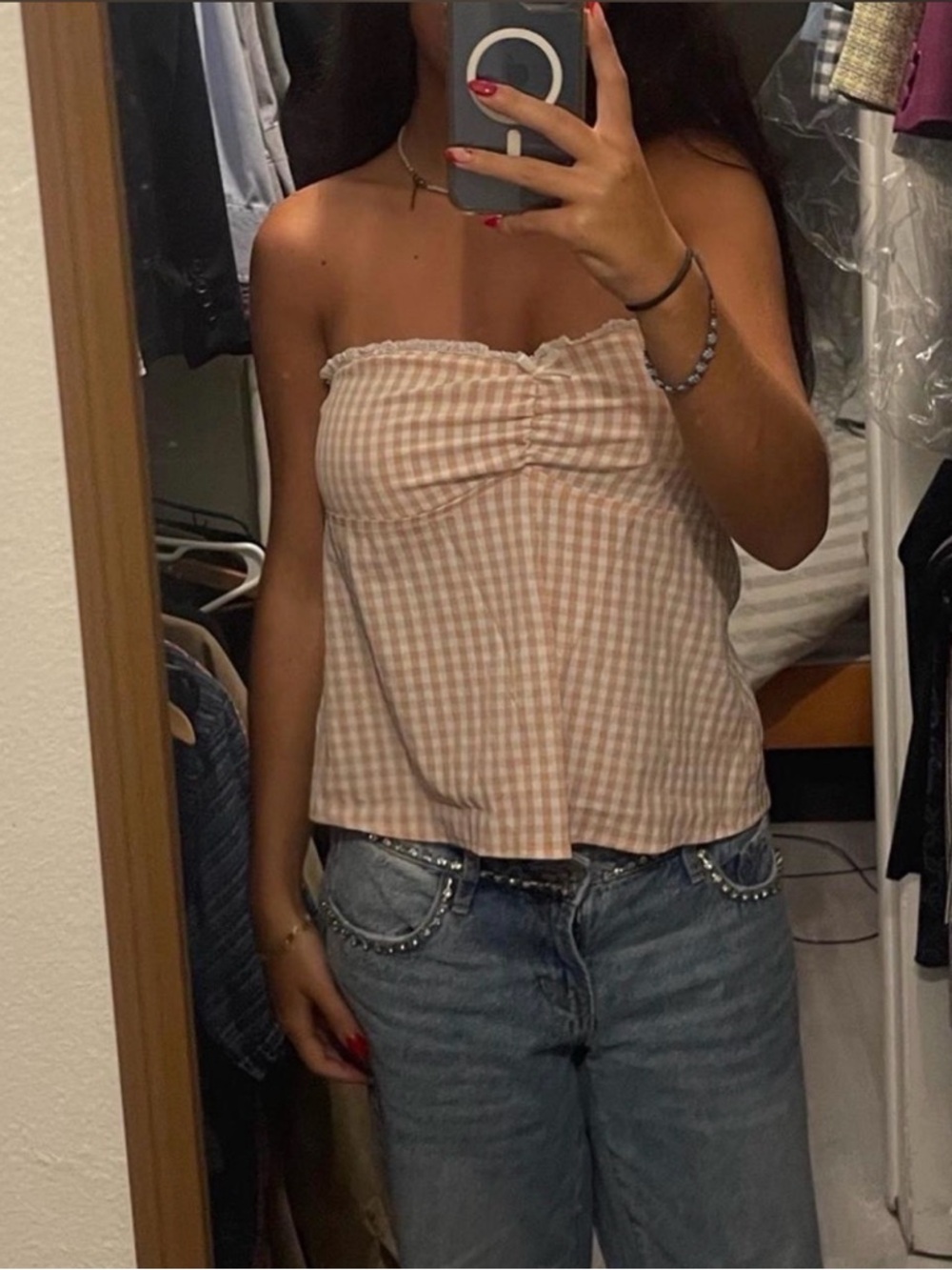 SHEIN Pink Gingham Strapless Tube Top